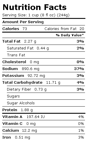 Nutrition Facts Label for Mushroom Barley Soup, Canned, Prep w/Water