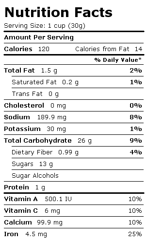 Nutrition Facts Label for General Mills Trix Cereal
