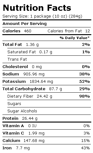 Nutrition Facts Label for Pinto Beans, Frozen, Boiled, Drained, w/Salt