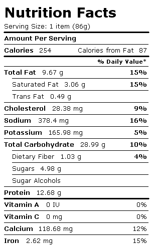 Nutrition Facts Label for Hamburger (Fast Food), Regular, Single Patty, Plain
