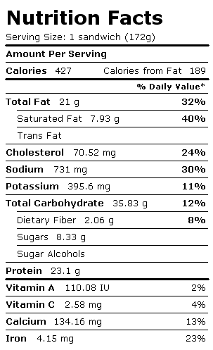 Nutrition Facts Label for Hamburger (Fast Food), Large, Single Patty, with Condiments