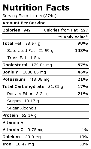 Nutrition Facts Label for Hamburger (Fast Food), Double, Large Patty, with Condiments, Vegetables and Mayonnaise