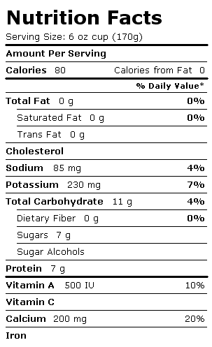 Nutrition Facts Label for Blue Bunny Yogurt, Light, no Sugar Added, Raspberry Rhapsody