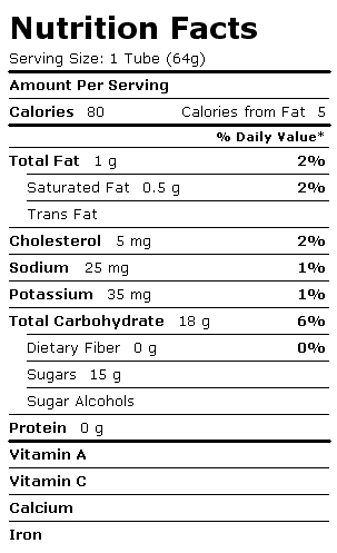 Nutrition Facts Label for Blue Bunny Bars, Cool Tubes Cotton Candy, Bubble Gum & Grape