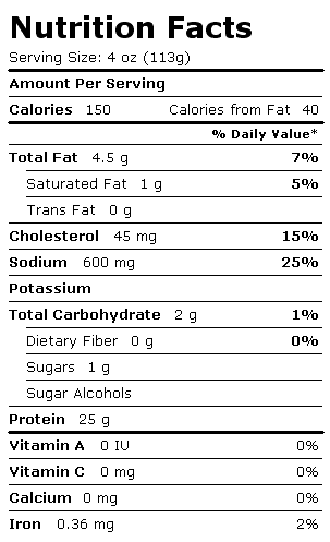 Nutrition Facts Label for Bumble Bee Prime Fillet, Salmon Steaks