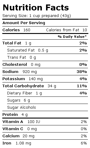 Nutrition Facts Label for Hamburger Helper Cheesy Italian Shells