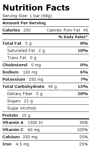 Nutrition Facts Label for Clif Bar, Chocolate Chip