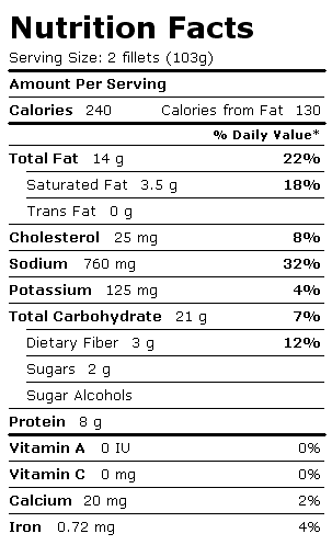 Nutrition Facts Label for Gorton's Fish Fillets, Potato Crunch