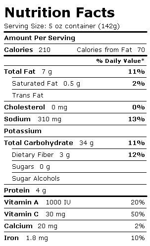 Nutrition Facts Label for Aunt Trudy's Organic Eggplant & Roasted Peppers