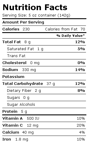 Nutrition Facts Label for Aunt Trudy's Organic Zucchini & Tomato