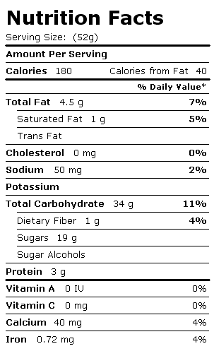 Nutrition Facts Label for Aunt Trudy's Organic Oatmeal Raisin Baklava