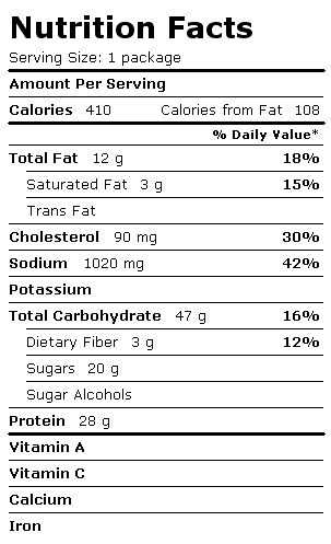 Nutrition Facts Label for Hungry Man Frozen Dinner, Salisbury Steak